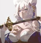  1girl animal_ear_fluff animal_ears bare_shoulders blue_eyes breasts character_request cleavage collarbone copyright_request dress expressionless eyebrows_behind_hair fajyobore grey_background hair_intakes hair_ornament hands_up holding holding_sword holding_weapon katana long_hair looking_at_viewer medium_breasts nose off_shoulder parted_lips sheath simple_background solo sword unsheathing upper_body weapon white_dress white_hair wolf_ears 