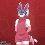  1:1 absurd_res accessory anthro blush bow canid canine clothed clothing curvy_figure eeveelution fox fur girly hair hair_accessory hair_bow hair_ribbon hi_res male mammal meme meme_clothing milo_(princeluxio) multicolored_body multicolored_fur nintendo no_pants partially_clothed pinup pok&eacute;mon pok&eacute;mon_(species) pok&eacute;morph pose princeluxio purple_hair ribbons simple_background solo standing sweater sylveon thick_thighs topwear video_games virgin_killer_sweater wide_hips 