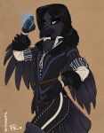  2019 anthro anthrofied avian beak bird black_body black_feathers black_hair breasts chest_tuft clothed clothing corvid corvus_(genus) feathered_arms feathers female fluff-kevlar hair hand_on_hip jewelry looking_at_viewer magic medieval_clothing necklace non-mammal_breasts oscine passerine purple_eyes raven simple_background solo tail_feathers the_witcher tuft yennefer yennefer_of_vengerberg 