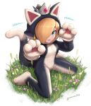  1girl animal_costume animal_ears blonde_hair blue_eyes breasts cat_costume cat_ears crown earrings english_text from_above full_body gonzarez grass hair_over_one_eye highres jewelry kneeling mario_(series) medium_breasts onomatopoeia paw_pose rosalina signature solo super_mario_3d_world 