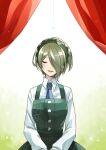  1girl :d bangs blush braid breasts bug closed_eyes collared_shirt commentary_request danganronpa_(series) danganronpa_v3:_killing_harmony dress facing_viewer green_hair hair_over_one_eye long_sleeves looking_at_viewer necktie nico_(nico_alice) open_mouth pinafore_dress shiny shiny_hair shirt short_hair sleeveless sleeveless_dress smile solo spider striped toujou_kirumi upper_body v_arms white_shirt 