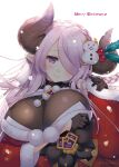  1girl backlighting blue_eyes blush bodysuit braid breast_hold breasts christmas cleavage coat crown_braid draph fur_trim gloves granblue_fantasy graphite_(medium) hair_over_one_eye head_tilt heart heart-shaped_pupils highres holly horns large_breasts light_purple_hair long_hair narmaya_(granblue_fantasy) pointy_ears pom_pom_(clothes) shigunyan simple_background smile snowman_hair_ornament solo symbol-shaped_pupils traditional_media upper_body white_background 