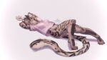  16:9 anthro baggy_clothing bottomless clothed clothing dire_leopard female hands_behind_head horn lying on_back pink_clothing pink_shirt pink_topwear shirt solo spots stripes sya_ruusa tattoo temils tired topwear widescreen 