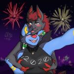  1:1 2020 anthro bell bell_collar blue_body blue_eyes blue_fur blue_hair blush bow breast_grab breast_squish breasts celebration clawed_fingers claws clothed clothing collar duo english_text facial_markings female fireworks fur fur_markings hair hand_on_breast head_markings hi_res holidays hug larger_male looking_at_viewer luxio male male/female markings multicolored_body multicolored_fur new_year new_years_day new_years_eve night nintendo nipple_outline partially_clothed pok&eacute;mon pok&eacute;mon_(species) princeluxio pup_(princeluxio) red_claws red_hair ribbons scarfs selfie size_difference sleeveless_shirt smaller_female smile squish text tongue tongue_out video_games zirkoa_(cirkus) zoroark 