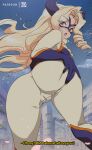  1girl ass blonde_hair bluethebone boku_no_hero_academia cherry_blossoms commentary domino_mask earrings giant giantess highres horns jewelry long_hair looking_at_viewer looking_back mask mount_lady parted_lips solo spread_ass thighs 