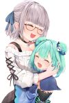  2girls ^_^ absurdres aran_sweater bangs bespectacled black_choker blue_ribbon blunt_bangs blush breasts choker cleavage closed_eyes collarbone cross-laced_clothes detached_sleeves double_bun eyebrows_behind_hair eyebrows_visible_through_hair glasses green_hair grey_sweater hair_ornament hair_ribbon height_difference highres hololive hug huge_filesize kanno_esuto large_breasts multiple_girls off-shoulder_sweater off_shoulder ribbon semi-rimless_eyewear shirogane_noel short_hair silver_hair simple_background skull_hair_ornament small_breasts snowflake_choker sweater uruha_rushia virtual_youtuber white_background yuri |d 