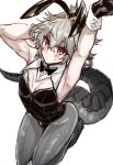  1boy ahoge animal_ears arm_behind_head armpits arms_up black_gloves blush bulge bunny_ears closed_mouth dragon_tail eyebrows_visible_through_hair fake_animal_ears fate/apocrypha fate_(series) gloves grey_hair hair_between_eyes haoro kneeling male_focus playboy_bunny red_eyes sieg_(fate/apocrypha) sketch solo sweat tail 