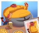  alcohol anthro beer belly beverage big_belly blush bodily_fluids clothing eyes_closed food furniture ghgbn hi_res hoodie hyper hyper_belly incineroar male morbidly_obese morbidly_obese_anthro morbidly_obese_male navel nintendo obese obese_anthro obese_male one_eye_closed overweight overweight_anthro overweight_male photo pizza pok&eacute;mon pok&eacute;mon_(species) solo sweat sweatdrop table topwear video_games 