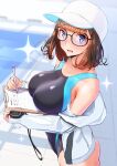  1girl bangs bare_shoulders baseball_cap blue_eyes blush breasts brown_hair clipboard eyebrows_visible_through_hair glasses hat highres jacket large_breasts long_sleeves looking_at_viewer nanahime off_shoulder one-piece_swimsuit open_clothes open_jacket original pen skindentation solo swimsuit white_headwear white_jacket 