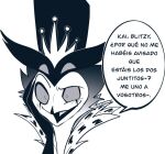  anthro avian bird clothed clothing crown demon hand_on_face helluva_boss male owl solo spanish_text speach_bubble stolas_(vivzmind) text translation_request 