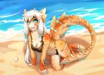  5_fingers anthro bikini blue_eyes breasts chloe-dog cleavage clothed clothing detailed_background female fin fingers fish hair happy hi_res long_hair looking_at_viewer marine non-mammal_breasts open_mouth sand sea shark smaller_version_at_source solo sushi_(sootsprite) swimwear teeth water white_hair 