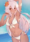  1girl :o arm_up armpits bangs bare_arms bare_shoulders bikini blue_sky blush breasts cleavage collarbone commentary_request dark_skin dark_skinned_female day eyebrows_visible_through_hair flower granblue_fantasy groin hair_between_eyes hair_flower hair_ornament hand_up highres horizon long_hair medium_breasts navel ocean open_mouth outdoors parted_lips red_eyes red_flower revision sky solo swimsuit thigh_gap uneg very_long_hair water water_drop wet white_bikini white_hair zooey_(granblue_fantasy) 