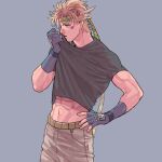  1boy abs battle_tendency blonde_hair blue_gloves caesar_anthonio_zeppeli commentary cowboy_shot facial_mark fingerless_gloves gloves green_eyes grey_background grey_shirt hand_on_hip headband highres jojo_no_kimyou_na_bouken looking_afar looking_ahead looking_away male_focus navel ohashi_img pants shirt shirt_lift short_hair short_sleeves simple_background solo stomach sweat symbol_commentary t-shirt triangle_print white_pants winged_hair_ornament wiping_face wiping_sweat 