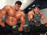  2boys abs bara bare_arms bare_shoulders black_eyes black_hair black_legwear black_pants black_shirt black_tank_top bulge covered_nipples dark_skin dark_skinned_male dumbbell facial_hair feet_out_of_frame grey_tank_top gym gym_shirt lcebanon leggings looking_at_another male_focus multiple_boys muscular muscular_male navel navel_hair nipples original pants pectorals reward_available seductive_smile shirt shirtless short_hair sleeveless sleeveless_shirt smile spiked_hair spread_legs stubble sweat sweatdrop tank_top thick_thighs thighs undercut veins weightlifting yaoi 