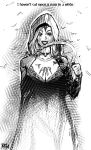  1girl breasts bug circlet cleavage cloak english_text evil_smile fly greyscale hood hooded_cloak insect jewelry medium_hair monochrome necklace r3dfive resident_evil resident_evil_village runny_makeup sickle smile solo 