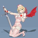  1girl absurdres bat_wings blue_background boots breasts cleavage commission dress green_eyes hat high_heel_boots high_heels highres holding holding_sword holding_weapon kneeling large_breasts nia_(nia4294) nurse nurse_cap original pink_dress pink_footwear pinky_out pointy_ears red_nails red_wings shadow short_sleeves simple_background solo sword thigh_boots thighhighs tongue tongue_out weapon wings 
