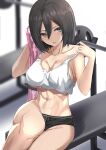  1girl abs bare_shoulders bench_press black_hair black_shorts blurry blurry_background blush breasts cleavage collarbone crop_top depth_of_field feet_out_of_frame grey_eyes hair_between_eyes hands_up holding holding_towel kesoshirou looking_to_the_side medium_breasts midriff mikasa_ackerman navel parted_lips shingeki_no_kyojin short_hair shorts simple_background sitting solo sweat tank_top toned towel white_background white_tank_top 