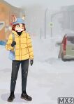  absurd_res anthro clothing felid feline female green_eyes hair hi_res hybrid jacket lynx mammal maxizz outside red_hair snow snowing solo standing street topwear winter yellow_body 