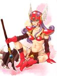  1girl armor axe ballpoint_pen_(medium) bikini_armor blue_eyes boots breasts choker curly_hair dragon_quest dragon_quest_iii full_body helmet holding holding_axe layered_gloves loincloth long_hair merami navel pauldrons purple_hair red_armor shoulder_armor sitting soldier_(dq3) traditional_media warrior winged_helmet 