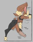  anthro big_penis bodily_fluids condom genitals hi_res huge_penis hyper hyper_genitalia leaning leaning_forward leaning_on_wall lopunny male masturbation mega_evolution mega_lopunny nintendo onomatopoeia penile penile_masturbation penis pok&eacute;mon pok&eacute;mon_(species) sexual_barrier_device shewiff solo sound_effects sweat text video_games 