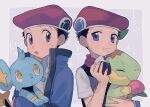  2boys :o :t berry_(pokemon) black_hair blue_eyes blue_jacket commentary_request dual_persona eating food food_on_face gen_4_pokemon grey_eyes hat holding holding_pokemon jacket long_sleeves looking_back lucas_(pokemon) male_focus multiple_boys onigiri oshi_taberu pokemon pokemon_(creature) pokemon_(game) pokemon_dppt pokemon_platinum red_headwear rice rice_on_face scarf shinx short_hair short_sleeves sweatdrop turtwig 