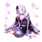 1girl artist_request bare_shoulders breasts bug butterfly clog_sandals colorful feet flower hair_flower hair_ornament highres insect japanese_clothes jewelry kimono long_hair looking_at_viewer medium_breasts necklace no_bra purple_eyes purple_hair quinella sword_art_online sword_art_online:_alicization very_long_hair white_background 