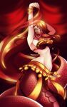  1girl :d absurdres armpits bangle bracelet breasts dancer dancing fangs highres jewelry lamia large_breasts loen-lapae long_hair miia_(monster_musume) monster_girl monster_musume_no_iru_nichijou open_mouth photoshop_(medium) red_hair scales slit_pupils smile solo veil very_long_hair yellow_eyes 