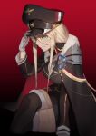  1girl absurdres azur_lane bismarck_(azur_lane) bismarck_(coat_of_arms) black_legwear blonde_hair blue_eyes cape coat_of_arms duan_henglong fur-trimmed_cape fur_trim gloves hat highres iron_blood_(emblem) long_hair military military_uniform peaked_cap red_background thighhighs uniform 