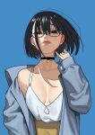  1girl absurdres black_choker black_hair blue_background breasts breasts_apart choker glasses grey_shirt hand_up highres looking_at_viewer medium_breasts nia_(nia4294) original red_nails shirt short_hair simple_background solo upper_body 