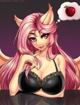 2021 absurd_res anthro anthrofied anxiety-chan apple bat_pony big_breasts bra breasts cleavage clothed clothing digital_media_(artwork) equid eyebrows eyelashes fangs female fingers flutterbat_(mlp) fluttershy_(mlp) food friendship_is_magic fruit hair hasbro hi_res long_hair looking_at_viewer mammal my_little_pony pink_hair plant reflection simple_background solo text tongue tongue_out underwear url wings yellow_body 