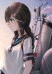  1girl black_eyes black_hair blue_sailor_collar braid cloud commentary_request gradient_sky hair_between_eyes highres isonami_(kantai_collection) kantai_collection long_hair machinery owada_(kousonhuchi) sailor_collar school_uniform serafuku short_sleeves sidelocks sky smokestack solo twin_braids upper_body 