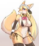  2021 5_fingers anthro armwear big_breasts bikini black_nose blonde_hair blue_eyes blush breasts canid canine clothed clothing faeki_(character) female fingers fluffy fluffy_tail fox fur grey_background hair hi_res japanese_text kayama_akimaru kemono legwear long_hair looking_at_viewer maid_headdress mammal multicolored_body multicolored_fur multicolored_tail portrait shirt_collar shirt_cuffs signature simple_background skimpy smile solo swimwear text thick_thighs three-quarter_portrait translation_request white_body white_fur yellow_body yellow_fur 