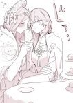  2girls bangs blush breasts buttons byleth_(fire_emblem) byleth_(fire_emblem)_(female) cape closed_eyes closed_mouth collar commentary_request couple cup fire_emblem fire_emblem:_three_houses flower food greyscale hair_between_eyes hair_flower hair_ornament headwear highres holding holding_cup ikarin long_hair looking_at_another medium_hair monochrome multiple_girls parted_lips rhea_(fire_emblem) simple_background tea white_background yuri 