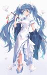  1girl artist_name bangs blue_eyes blue_hair blush china_dress chinese_clothes closed_mouth dress eyebrows_visible_through_hair flower frills full_body hair_ornament hand_up hatsune_miku hatsune_miku_(vocaloid4)_(chinese) highres holding long_hair looking_at_viewer mikako short_sleeves sidelocks simple_background smile standing twintails very_long_hair vocaloid white_background 