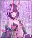  1girl absurdres bangs bare_shoulders bob_cut breasts collarbone eyeliner fate/grand_order fate_(series) highres horns huge_filesize japanese_clothes kimono licking_lips long_sleeves looking_at_viewer makeup navel oni oni_horns purple_eyes purple_hair purple_kimono revealing_clothes sawarineko short_hair shuten_douji_(fate/grand_order) skin-covered_horns small_breasts smile solo tongue tongue_out wide_sleeves 