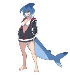  1girl azuumori barefoot bikini black_jacket blue_hair breasts commentary english_commentary fish_tail front-tie_bikini front-tie_top full_body grin hands_in_pockets highres hood hooded_jacket jacket large_breasts open_clothes open_jacket original red_eyes shark_fin shark_girl_(azuumori) shark_tail sharp_teeth short_hair simple_background smile solo standing swimsuit tail teeth toenails white_background white_bikini 