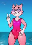  anthro avioylin balls_outline breasts bulge classy clothing domestic_cat dripping eyewear felid feline felis genital_outline girly hand_on_hip looking_at_viewer male mammal peace_symbol penis_outline roz sea smile solo sunglasses sunny swimwear teeth thick_thighs tight_clothing water wet 