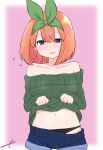  1girl bangs bare_shoulders black_panties blue_shorts blush breasts clothes_lift collarbone cowboy_shot eyebrows_behind_hair flying_sweatdrops go-toubun_no_hanayome green_ribbon green_sweater hair_between_eyes hair_ribbon highres kujou_karasuma lifted_by_self looking_away looking_to_the_side medium_breasts nakano_yotsuba navel off-shoulder_sweater off_shoulder orange_hair panties parted_lips pink_background ribbon short_shorts shorts shorts_pull signature solo sweat sweater sweater_lift underwear wavy_mouth 