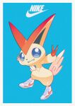  absurdres blue_background blue_eyes border closed_mouth commentary fangs fangs_out film_grain full_body gen_5_pokemon hands_up highres looking_at_viewer mythical_pokemon nike pokemon pokemon_(creature) saiku_(zvlku) shoes smile sneakers solo v victini white_border 