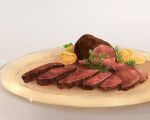  food food_focus leaf meat no_humans original plate simple_background sora_akira sparkle steak still_life white_background 