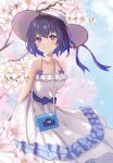  1girl absurdres ahoge bag bare_shoulders benghuai_xueyuan blue_hair blurry chinese_commentary choker collarbone colored_inner_hair depth_of_field dress eyebrows_visible_through_hair flower frills hat hat_ribbon highres honkai_(series) honkai_impact_3rd looking_at_viewer multicolored_hair petals purple_eyes ribbon seele_vollerei short_hair shoulder_bag sleeveless sleeveless_dress smile solo spaghetti_strap sun_hat sundress taw_(993004677) tree_branch white_choker white_dress white_headwear 