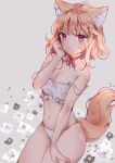  1girl :&lt; animal_ear_fluff animal_ears anyuu bangs bare_arms bare_shoulders bikini blush breasts brown_hair cat_ears cat_girl cat_tail cleavage commentary copyright_request eyebrows_visible_through_hair facial_mark floral_background grey_background groin hand_up highres looking_at_viewer navel parted_lips red_eyes small_breasts solo strap_slip swimsuit tail triangle_mouth virtual_youtuber whisker_markings white_bikini 
