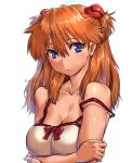 1girl amania_orz bare_shoulders blue_eyes blush breast_hold breasts cleavage collarbone crossed_arms dated dress eyebrows_visible_through_hair frown hair_between_eyes hair_ornament interface_headset large_breasts looking_at_viewer neon_genesis_evangelion orange_hair shiny shiny_hair shiny_skin simple_background solo souryuu_asuka_langley strap_slip twitter_username upper_body white_background white_dress 