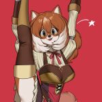  1girl absurdres animal_ears animalization arms_up black_eyes brown_hair brown_legwear commission furry highres long_hair looking_at_viewer multicolored_hair nia_(nia4294) parted_lips raphtalia red_background red_ribbon ribbon simple_background smile solo split standing standing_on_one_leg standing_split star_(symbol) tate_no_yuusha_no_nariagari thighhighs two-tone_hair white_hair 