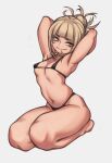  1girl armpits arms_behind_head arms_up bikini black_bikini blonde_hair boku_no_hero_academia breasts collarbone english_commentary eyebrows_visible_through_hair hair_bun highleg highleg_bikini highres lentiyay looking_at_viewer medium_hair micro_bikini navel seiza sidelocks simple_background sitting small_breasts smile solo swimsuit toga_himiko white_background yellow_eyes 