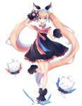  1girl animal_ear_fluff animal_ears arm_up bangs bare_shoulders blonde_hair blue_eyes blush bottomless bow bowtie cat_ears cat_paws dress eyebrows_visible_through_hair flat_chest full_body gao hair_between_eyes hair_ornament hands_up highres leg_up long_hair looking_at_viewer maid_headdress mikako open_mouth original parted_lips paws red_ribbon ribbon simple_background solo twintails very_long_hair white_background 