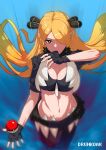  1girl absurdres alternate_costume artist_name black_gloves blonde_hair blurry breasts cleavage commentary_request crop_top cynthia_(pokemon) drunkoak fingerless_gloves floating_hair fur_(clothing) gloves grey_eyes hair_ornament hair_over_one_eye highres holding holding_poke_ball huge_filesize korean_commentary navel poke_ball poke_ball_(basic) pokemon pokemon_(game) pokemon_dppt shiny shiny_hair solo watermark 