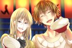  2boys :d banba_zenji black_bow black_eyes black_neckwear blonde_hair blurry blurry_background bow bowl brown_hair closed_eyes collarbone hakata_tonkotsu_ramens holding holding_bowl laughing long_hair multiple_boys night open_mouth outdoors railing smile takishiro_(kuri2010) upper_body xianming_lin 