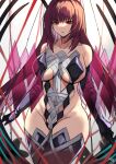  1girl absurdres bangs bare_shoulders black_gloves breasts collarbone covered_navel elbow_gloves fate/grand_order fate_(series) gloves hair_between_eyes highleg highleg_leotard highres large_breasts leotard lilycious long_hair looking_at_viewer purple_hair red_eyes scathach_(fate)_(all) scathach_(fate/grand_order) sideboob thighhighs thighs 