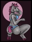  3:4 anthro black_eyes bra butt choker clothing cloven_hooves crouching demon ear_piercing equid equine eyebrow_piercing facial_piercing female fur grey_body grey_fur grey_skin hair hi_res hooves hybrid jewelry kingpillar magi mammal mane necklace piercing pink_eyes pink_hair pink_mane pink_tail short_tail solo solo_focus underwear 